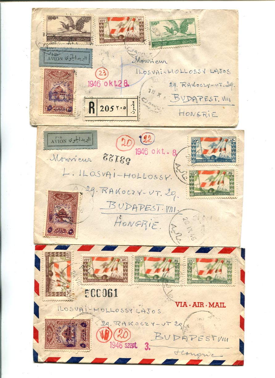 Libanon. 1946. 1 db légiposta ajánlott + 2 db légiposta levél Beyrouth–Budapest