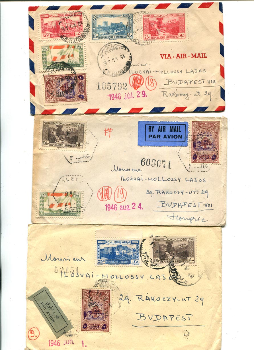 Libanon. 1946. 3 db légiposta levél Budapestre