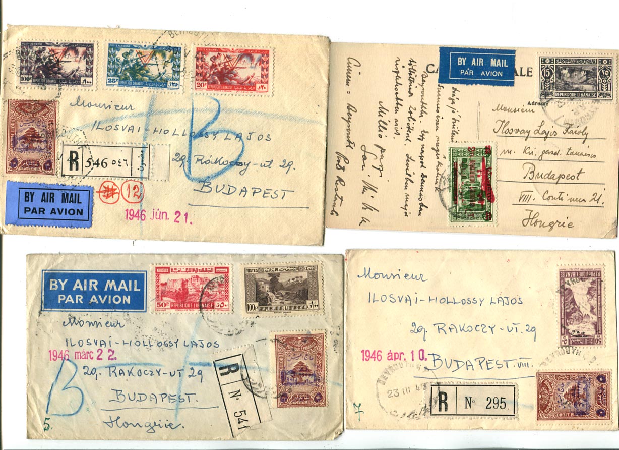 Libanon. 1946. 4 db küldemény Budapestre: 2 ajánlott-légi; 1 ajánlott; 1 légi képeslap