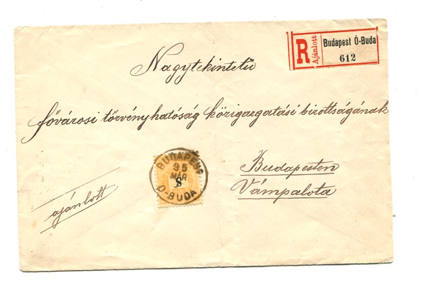 1895. Helyi ajánlott levél 1 db 8 kr-os bérmentesítéssel (Budapest Ó-Buda)