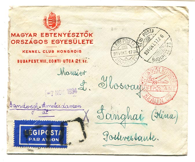 1934.10.17. Légiposta levél Berlinen, Saigonon át Shanghaiba 2 P 90 f díjlerovással (40 f alapdíj, 2 P 50 f pórdíj), 10 C kínai fekbér bélyeggel