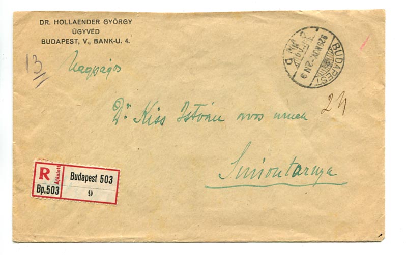 1929. Ajánlott levél sokbélyeges hátoldali bérmentesítéssel, debreceni HÉV bélyegekkel (mint levélzárók)