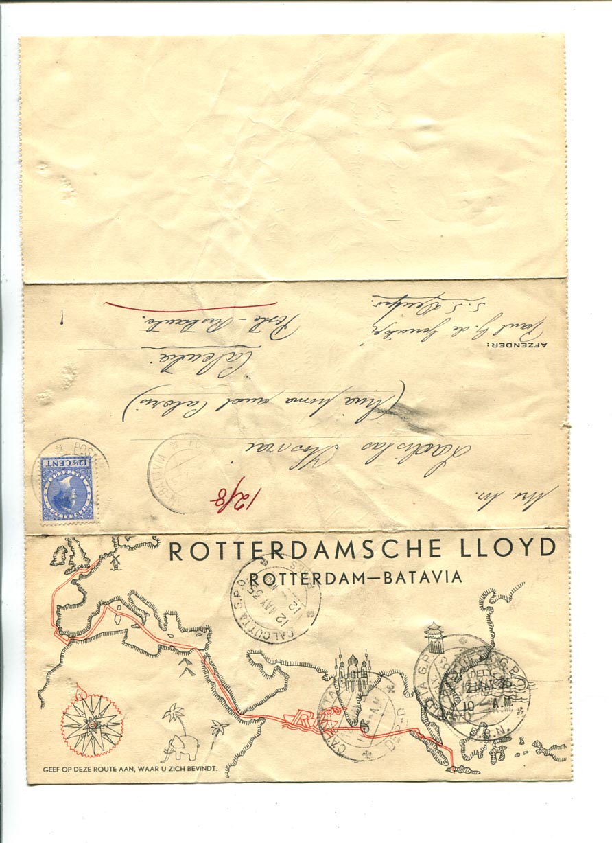 1935. Rotterdam–Batavia hajóról Calcuttába küldött levél