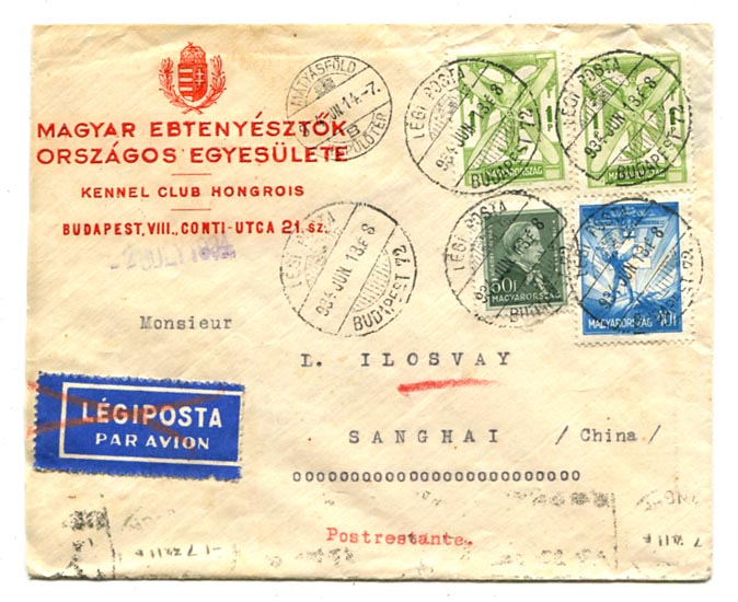 1934.06.13. Légiposta levél Shanghaiba 2 P 90 f bérmentesítéssel, Saigon átmenő bélyegzéssel, a hátoldalon 5 C kínai fekbér bélyeggel