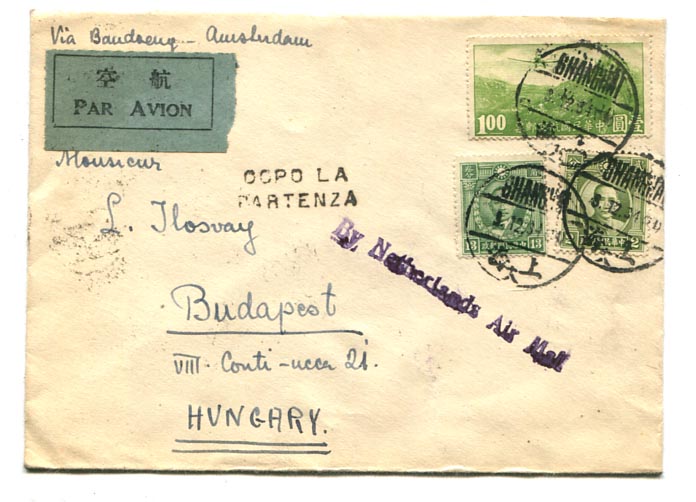 Kína. 1934. Légiposta levél Shanghai–Budapest