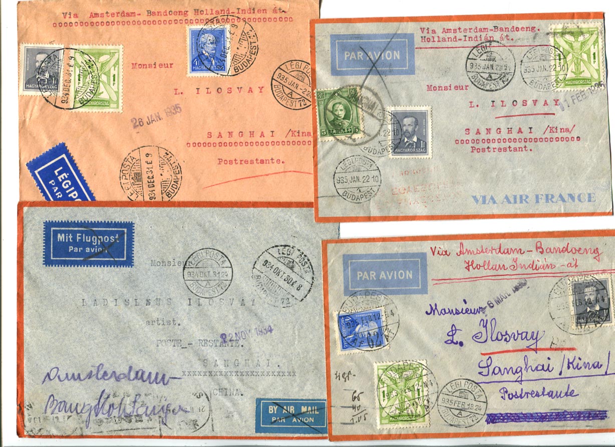 1934/35. 4 db légiposta levél Shanghaiba 1 P 5 f (40 f alapdíj, 65 f pótdíj) bérmentesítéssel, Saigon átmenő bélyegzéssel, 5 C kínai fekbér bélyeggel.