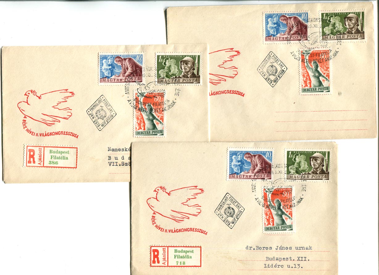 1950.11.23. 3 db Béke III. FDC, ebből 2 ajánlott (3x6000)