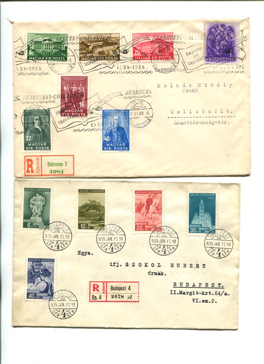 1937-39. 4 db alkalmi sor: 2 db ajánlott FDC, 1 csak ajánlott, 1 címzetlen levlap hátoldalán