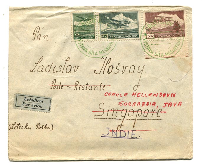 1935. Légiposta levél Masaryk alkalmi bélyegzéssel Prostejov–Szingapúr, tovább küldve Holland-Indiába, 7 Kc 50 H bérmentesítéssel
