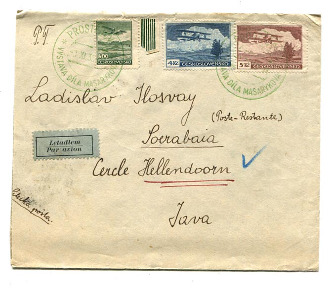 1935. Légiposta levél Masaryk alkalmi bélyegzéssel Prostejov–Sorabaia (Holland-India) 9 Kc 50 H bérmentesítéssel