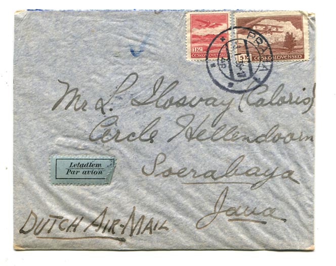 1936. Légiposta levél Praha–Soerabaya (Holland-India) 6 Kc bérmentesítéssel