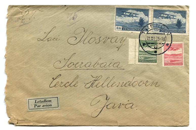 1935. Légiposta levél Trencin–Soerabaia (Holland-India) 9 Kc 50 H bérmentesítéssel