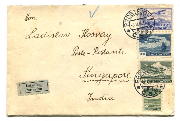 1935. Légiposta levél Prostejov–Szingapúr, 16 Kc 50 H bérmentesítéssel