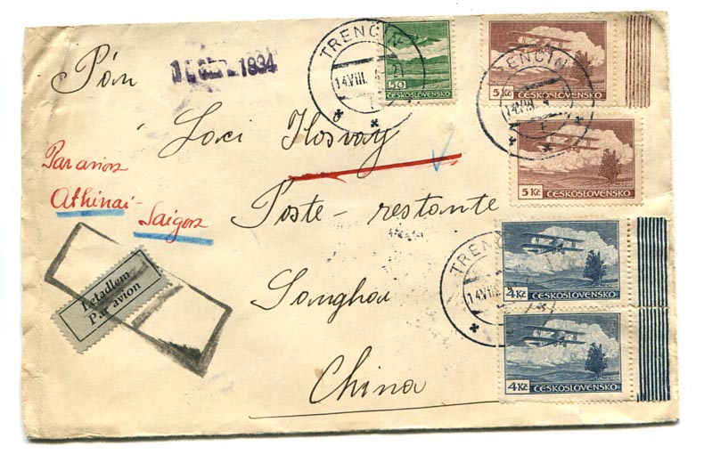 1934. Légiposta levél Trencin–Shanghai, 18 Kc 50 H, a hátoldalon 5 C kínai fekbér bélyeg
