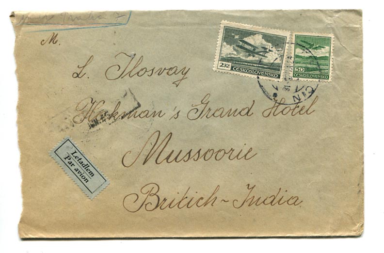 1935. Légiposta levél Trencin–Mussoorie (Brit-India) 7 Kc 50 H díjlerovással