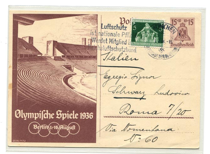 1936. Nyári olimpia 15 Pf díjjegyes képeslap díjkiegészítéssel