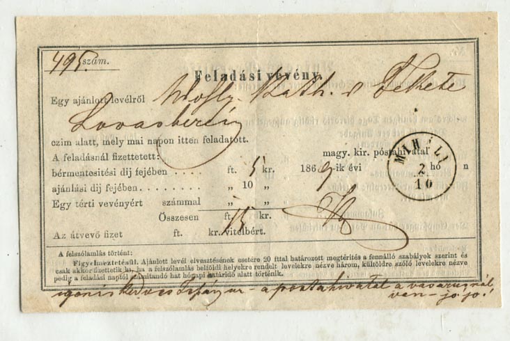 1869. Ajánlott levél feladóvevény Miháli–Lovasberény