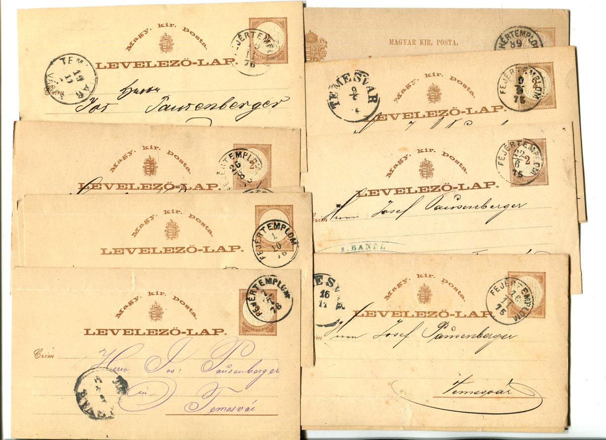 1875-89. 12 db 2 kr-os levelezőlap Fehértemplom bélyegzésekkel