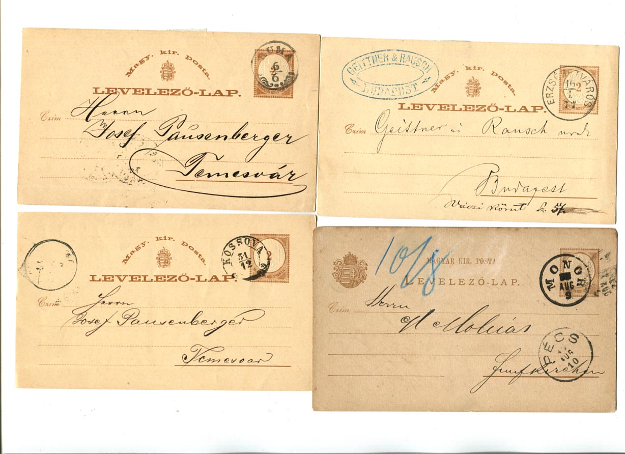 1876-87. 4 db 2 kr-os levelezőlap szép bélyegzésekkel