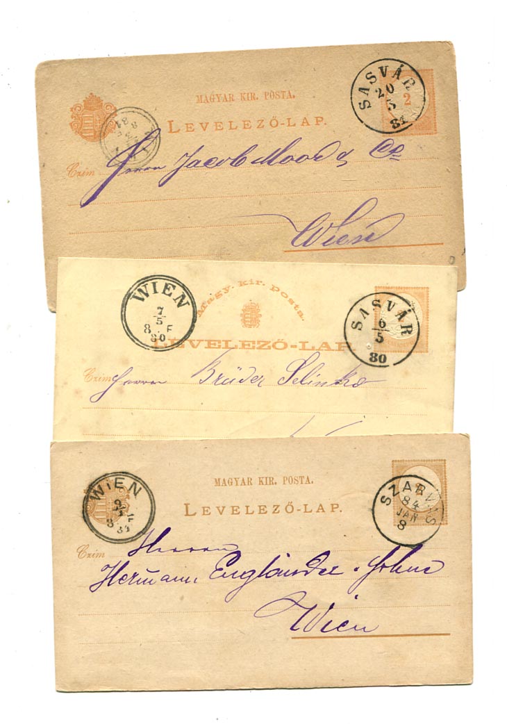 1880-84. 3 db 2 kr-os levelezőlap szép bélyegzésekkel