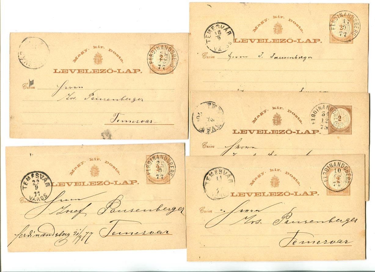 1875-77. 6 db 2 kr-os levelezőlap Ferdinandsberg (Gudlin 150 p) bélyegzésekkel