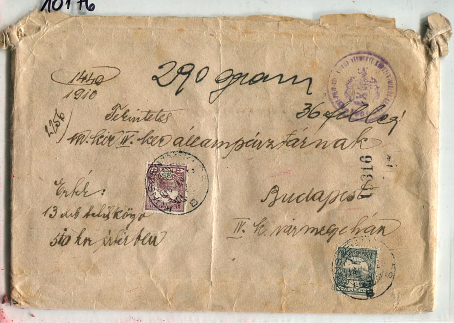 1910. Értéklevél 13 db betétkönyvről Turul 35+1 f díjlerovással