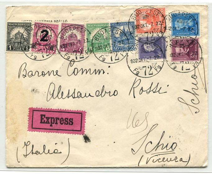 1932. Expressz levél Olaszországba 9-színű, 131 f bérmentesítéssel (26 g, II. súlyf.; 132 f kellett volna)