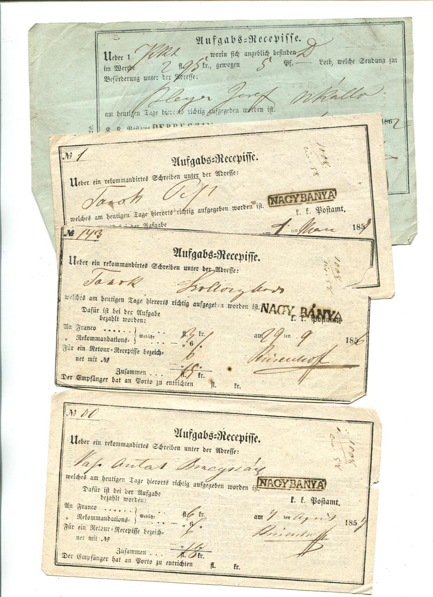 1846-62. 3 db ajánlott levél feladóvevény (Nagybánya) + 3 db kocsiposta feladóvevény