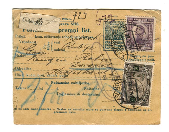 1924. Csomagfeladóvevény tőlapja, 10 para illetékjeggyel