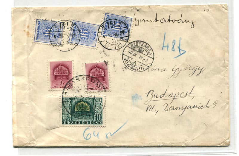 1940.09.18. Nyomtatvány Nagykároly visszatért alkalmi bélyegzéssel Budapestre, 3x16 f portóval