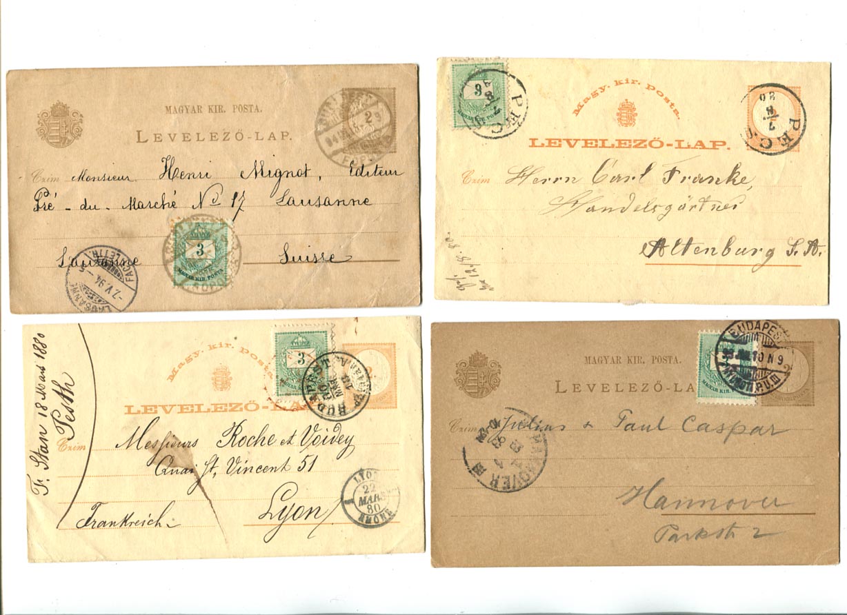 1880/80/93/94. 4 db 2 kr-os díjjegyes levlap 3 kr díjkiegészítéssel