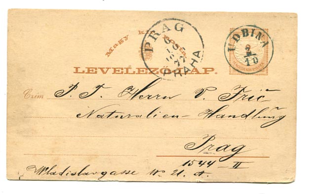 1877. 2 krajcáros levlap Udbina (E 2.2 – 250 p) bélyegzéssel Prágába