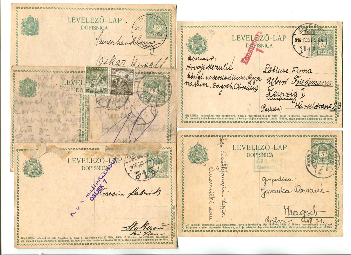 5 db lánckeretes, magyar-horvát nyelvű levlap: 3 db Hod50; 1-1 db 68 és 70a