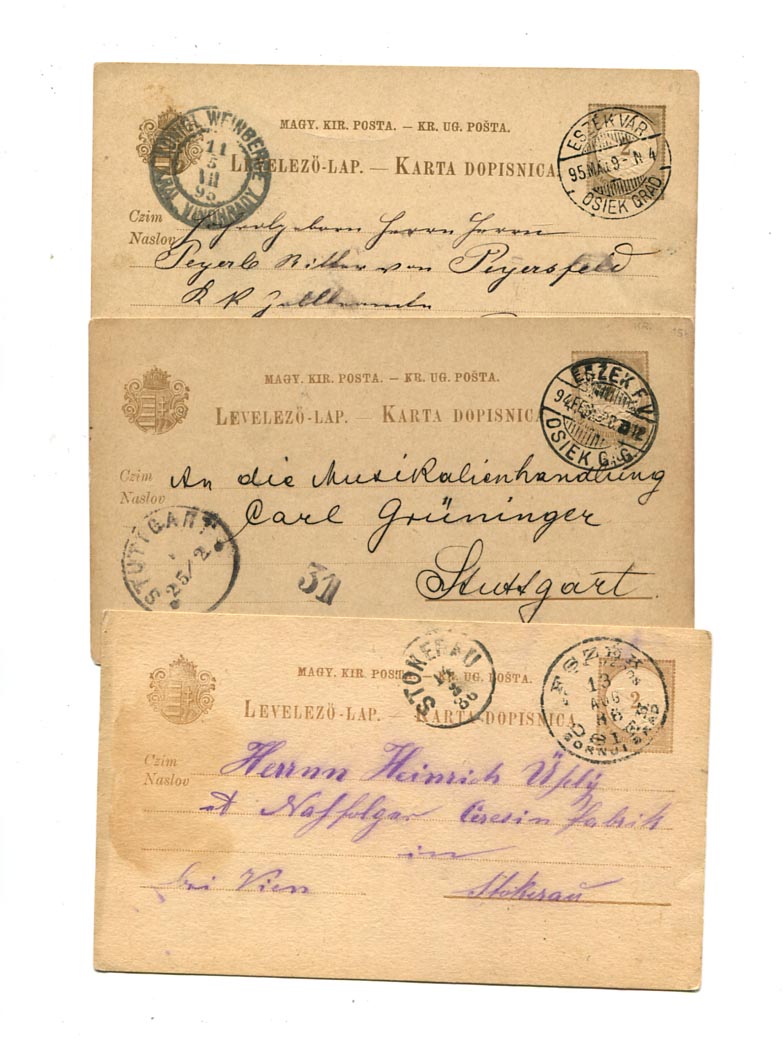 3 db magyar–horvát 2 kr-os levelezőlap 3-féle ESZÉK bélyegzéssel