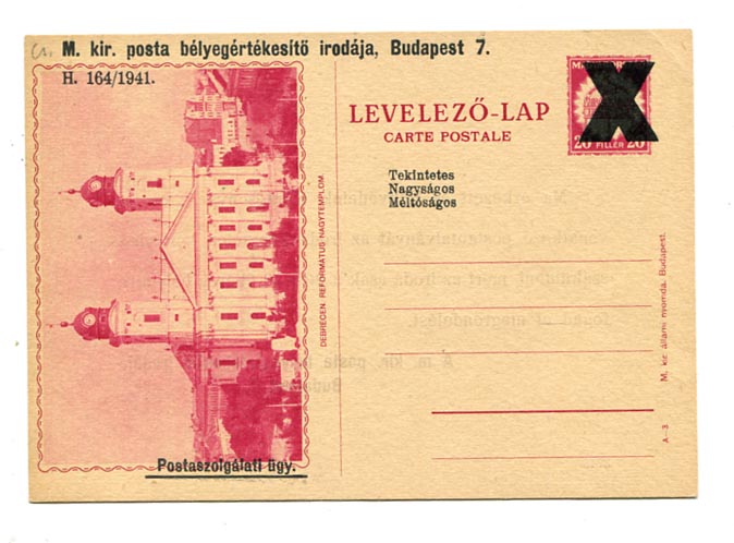 A–3 látképes levlap X-szel érvénytelenítve, postaszolgálati nyomattal