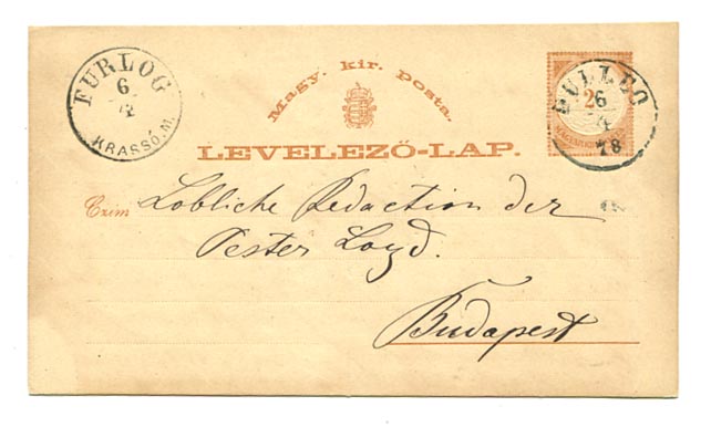 1878. 2 kr-os levelezőlap DULLEO feladóhelyi, és FURLOG átmenő bélyegzésekkel Budapestre