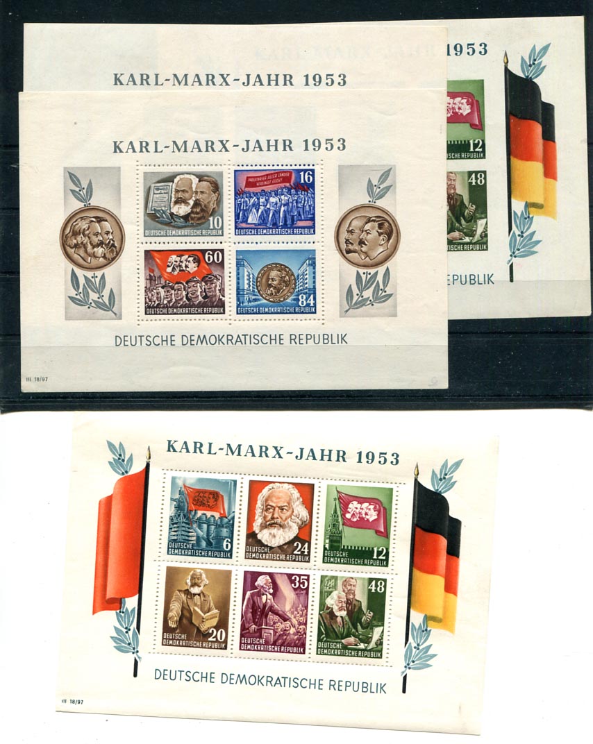 NDK. 1953. Marx fogazott és fogazatlan postatiszta blokksor apró gumihibákkal (400 E)