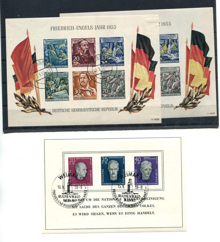NDK. 1955. Engels blokk (MI Bl 13 – postatiszta kis gumihibával, és köznapi bélyegzett) + 1958. Buchenwald blokk elsőnapi alkalmi bélyegzéssel (Mi 15) (395 E)