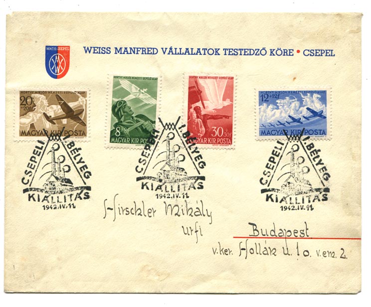 1942.04.11. Weiss Manfred sportkör borítékon Repülő alap III. sor 
