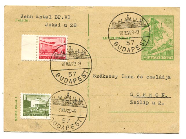 1958. Díjkiegészített levelezőlap Budapest 57 (Országház) bélyegzéssel