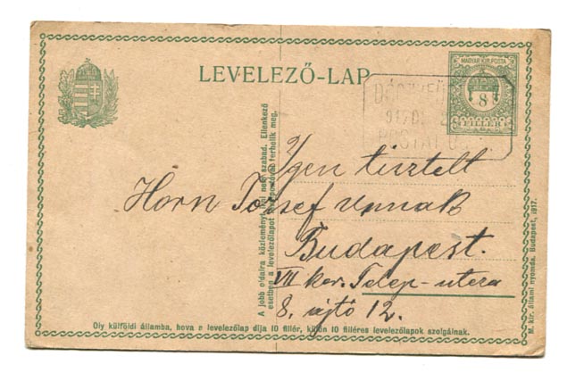 1917. Díjjegyes levlap Dóczyfűrésze postai ügynökség bélyegzéssel. A katalógusban 