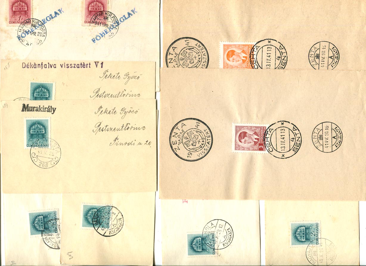 1940-41. 15 db erdélyi + 6 délvidéki visszatért helység számos kisegítő, vagy már új acél hely-keletbélyegzése papírlapon, helységnevekkel