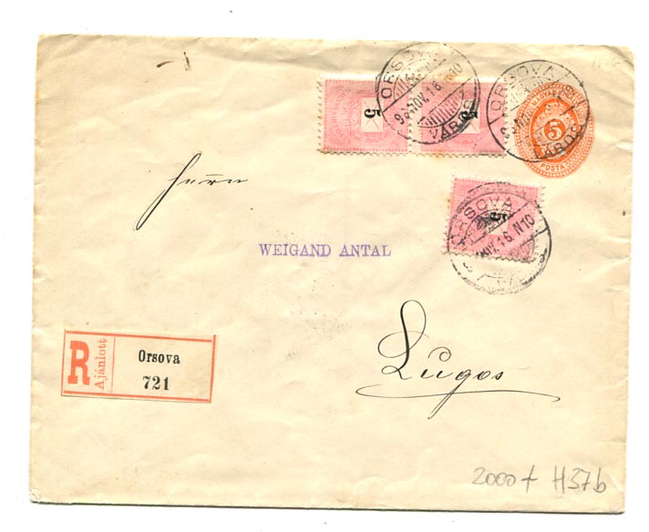 IBK – 1898. 5 kr-os díjjegyes boríték 3x5 kr díjkiegészítéssel, ajánlva, Orsova–Lugos (H37b)