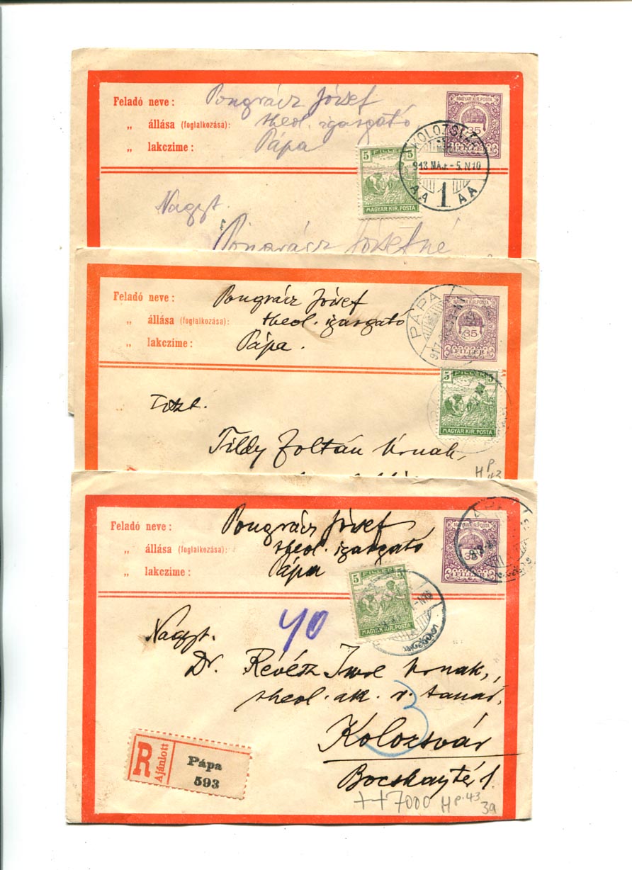 IBK – 1917/18. 3 db díjkiegészített 35 f-es ajánlott boríték ajánlott levélként feladva.