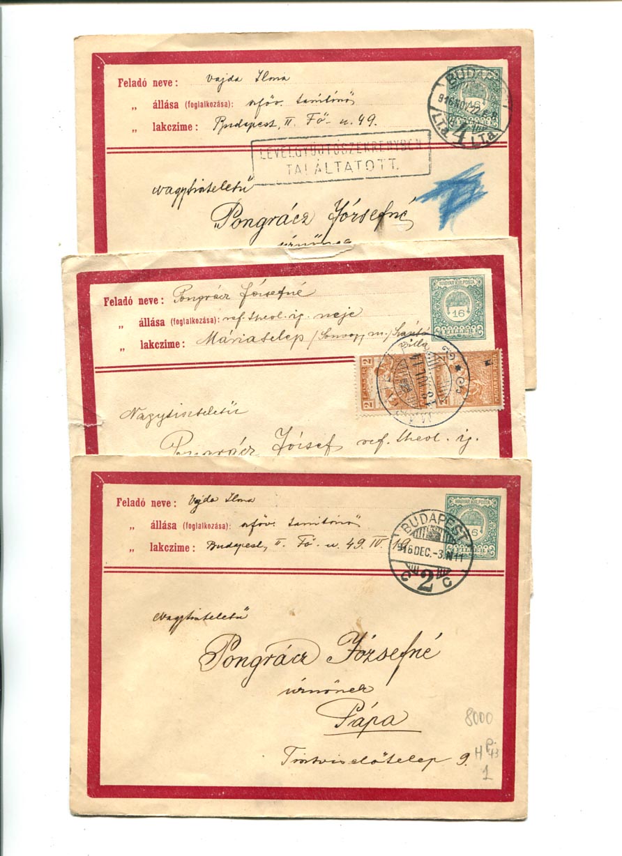 IBK – 1916/18. 3 db normál levélként használt, túlbérmentesített 16 f-es ajánlott boríték