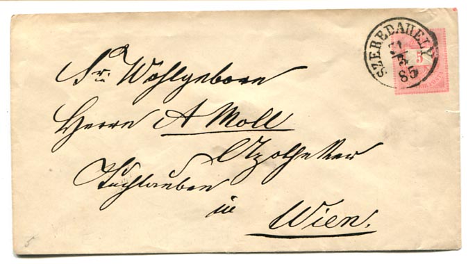 IBK – 1885. 5 kr-os használt boríték szép bélyegzéssel (VII. vj.)