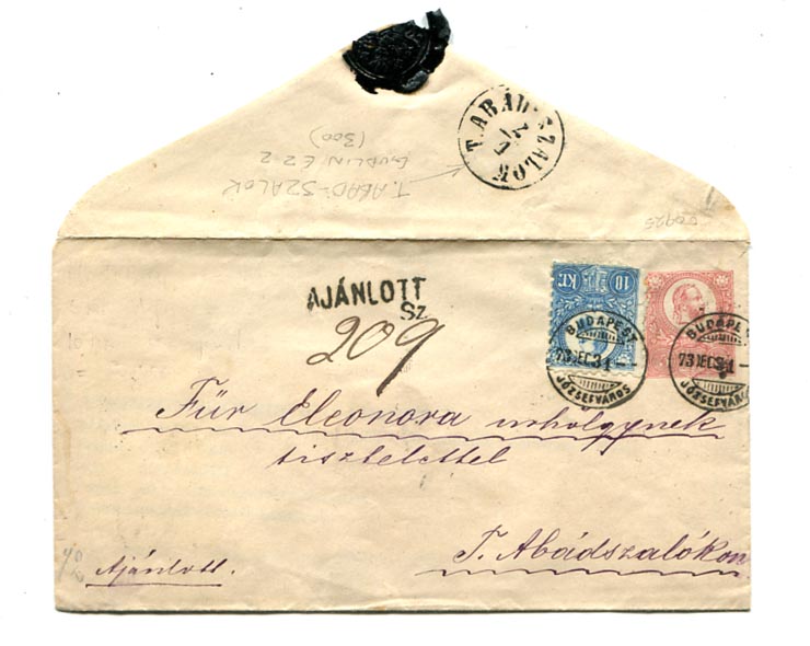 IBK – 1873. 5 kr-os díjjegyes boríték réz 10 kr ajánlási díjkiegészítéssel