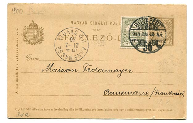 IBK – 1910.03. 5 f-es díjjegyes válaszos levlap tőlapja 6 f-es céglyukas (Lente E 12 – E&G; Edmund Gátser) Turul bélyeggel (Lentében ismeretlen a cégnév) Franciaországba