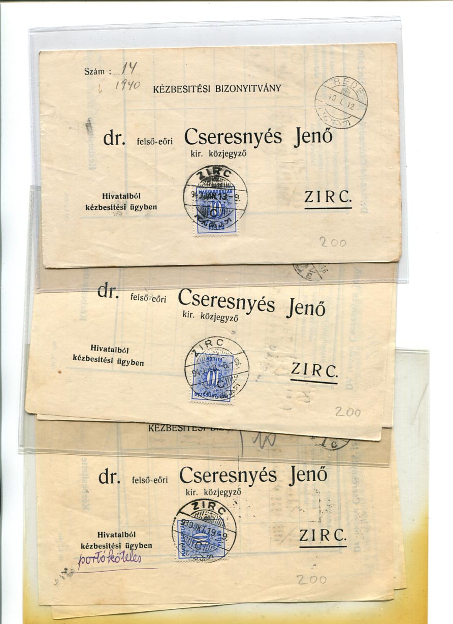 1939/40. 3 db hivatalból portóköteles kézbesítési bizonyítvány 10 f kékportóval