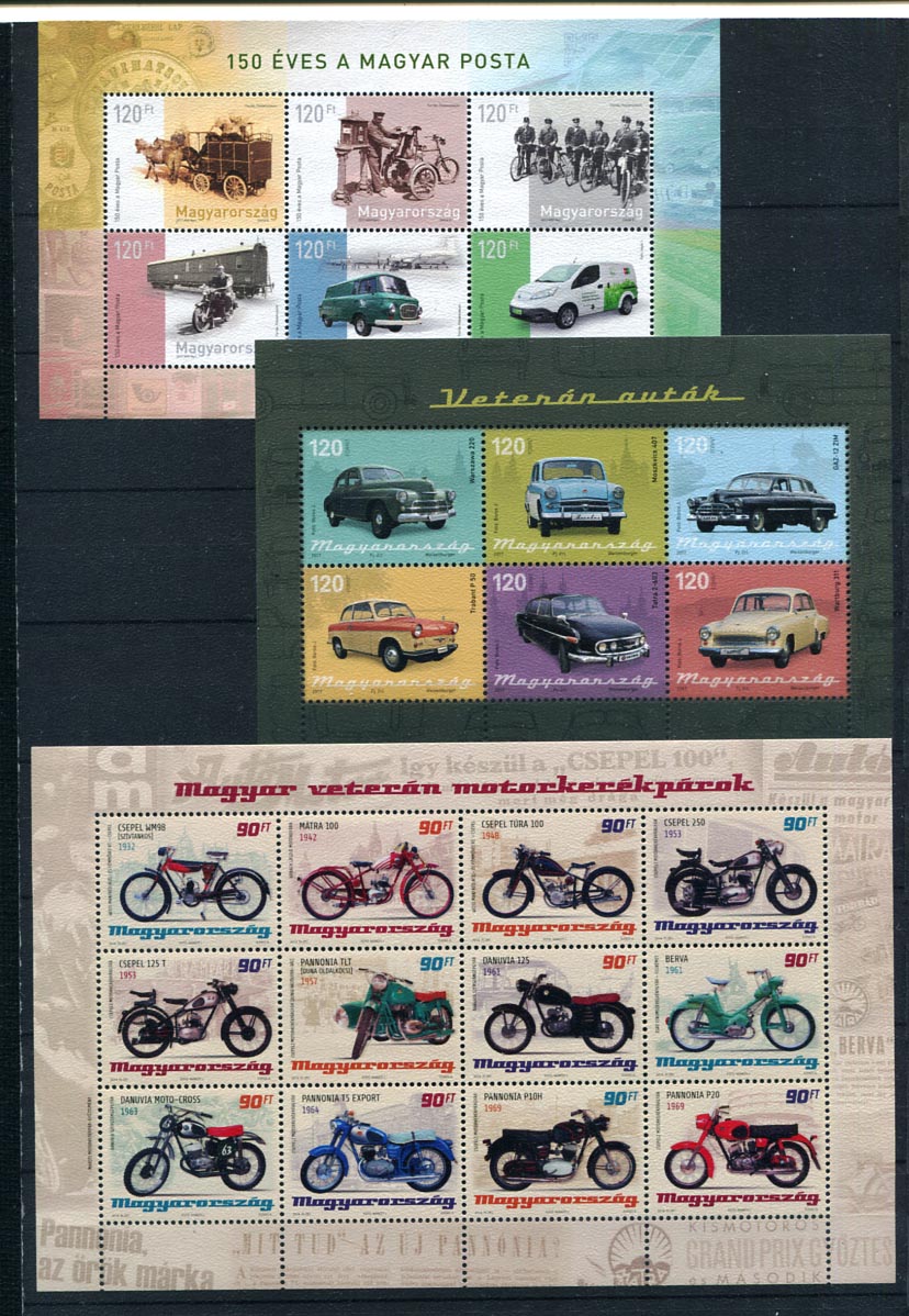 3 db postatiszta blokk: veterán autók, motorkerékpárok, 150 éves a Magyar Posta (névérték 2520)